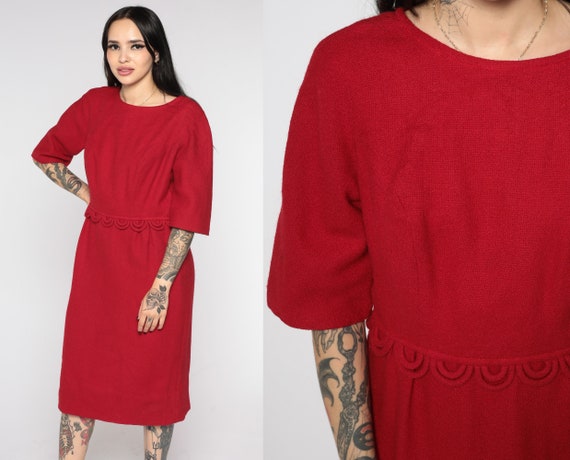 60s Wool Dress Red Stacy Ames Midi Dress Party Jackie O High Waisted Boho 1960s Vintage 1/2 Sleeve Mad Men Sheath Formal Cocktail Medium