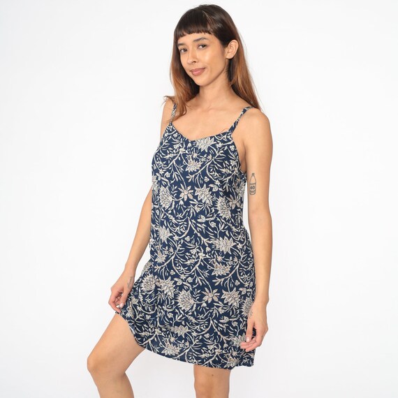 90s Sundress Blue Floral Dress Tropical Grunge Mini Sun Dress Rayon Bohemian 1990s Spaghetti Strap Vintage Summer Shift Boho Tank Medium