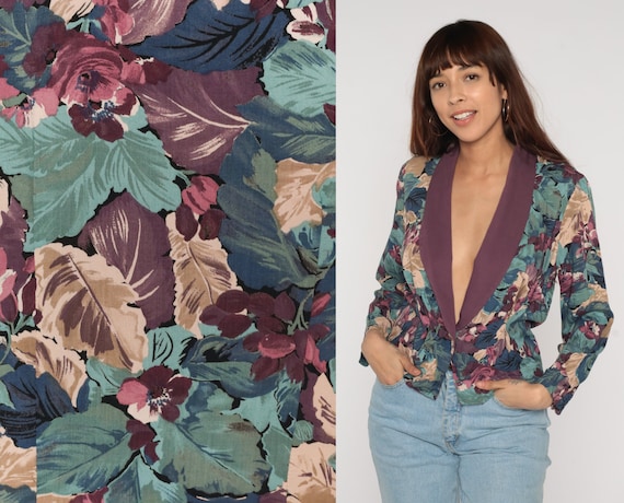 Floral Blazer Jacket 90s Summer Jacket Deep V Button up Light Coat Bohemian Retro Rayon Purple Green Flower Print Vintage 1990s Medium M