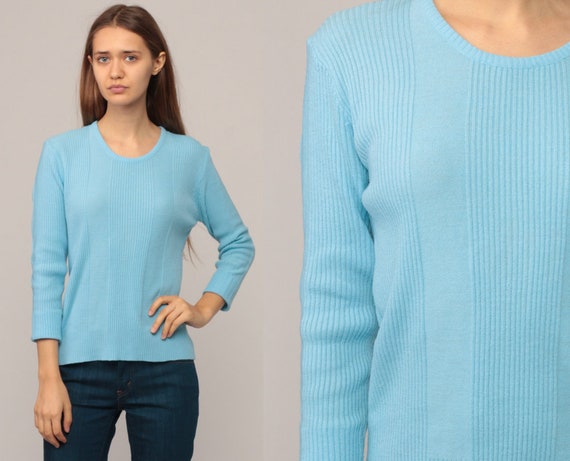 Baby Blue Knit Top Light Sweater 70s Sweater Retro 80s Hipster Boho Pastel Sweater Pullover 1980s Vintage Lightweight Retro Small Medium