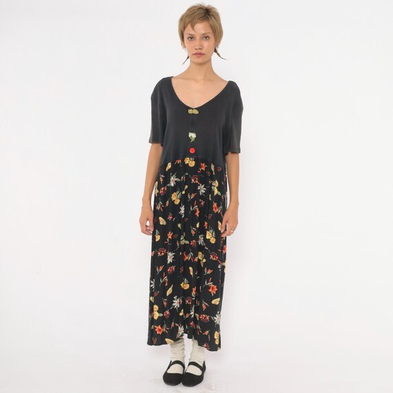 90s Black Floral Midi Dress Ribbed Knit Bodice V Neck Drop Waist Butterfly Sunflower Skirt Daisy Applique Grunge Petite Impressions Large L