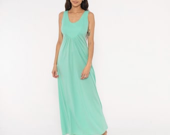 Vestido largo verde menta estilo años 70, sin mangas, escote redondo, cintura imperio, busto fruncido, color aguamarina, largo hasta el suelo, tirantes finos, corte en A, estilo vintage, talla M