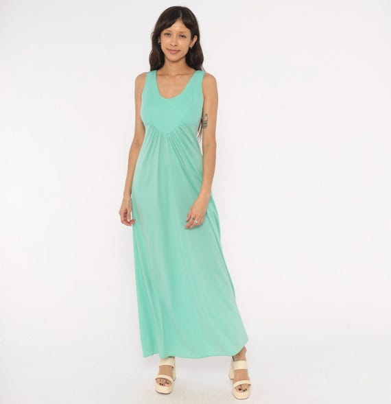 Mint Green 70s Maxi Dress Sleeveless Scoop Neck Empire Waist Gathered Bust Aqua Seafoam Floor Length Gown Tank Strap A Line Vintage  Medium