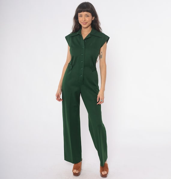 70s Green Jumpsuit Wide Leg Button Front Collared Belted Waist Short Sleeve Pockets Vintage Pantsuit Hunter Forest Olive Disco Medium M