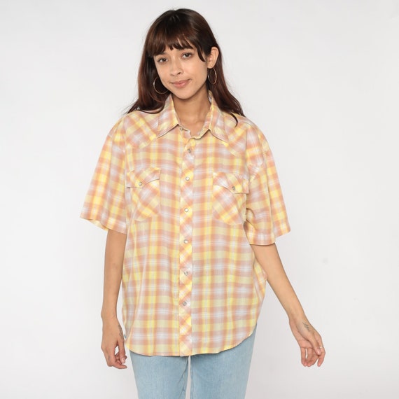 Metallic Western Shirt 80s Yellow Brown Plaid Pearl Snap Button Up Top Vintage Cotton 1980s Checkered Short Sleeve Men's Large