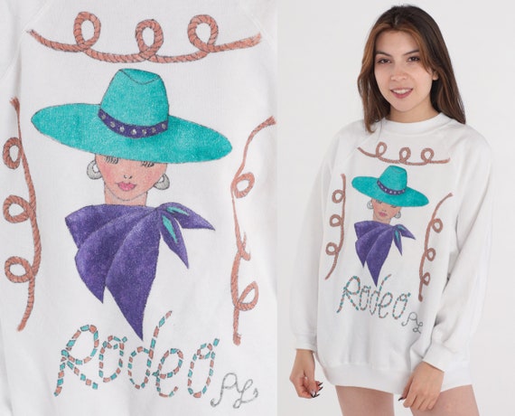 Rodeo Sweatshirt 90s Glitter Cowgirl Sweater Western Graphic Shirt Pullover Crewneck Sparkly Glam White Raglan Sleeve Vintage 1990s 2xl xxl