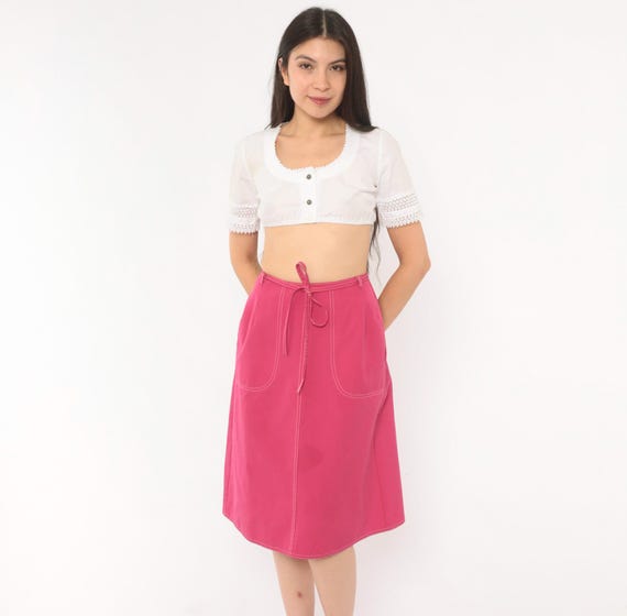 80s Hot Pink Skirt Wrap Style Koret Tie Waist Fuchsia Cotton Patch Pocket Contrast Stitch Magenta Rose Vintage Womens Small To Medium S M