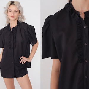 Black Ruffle Blouse 70s Puff Sleeve Top Ruffled Button up Shirt Retro Secretary Blouse Seventies Simple Plain Vintage 1970s Extra Large xl image 1