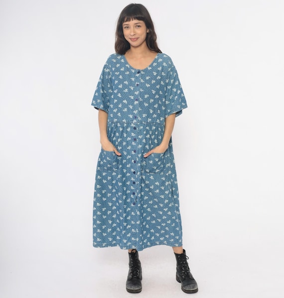 90s Cottagecore Dress Floral Maxi Blue White Button Front Cotton Prairie Short Sleeve Plus Size Vintage Summer Casual Extra Extra Large XXL