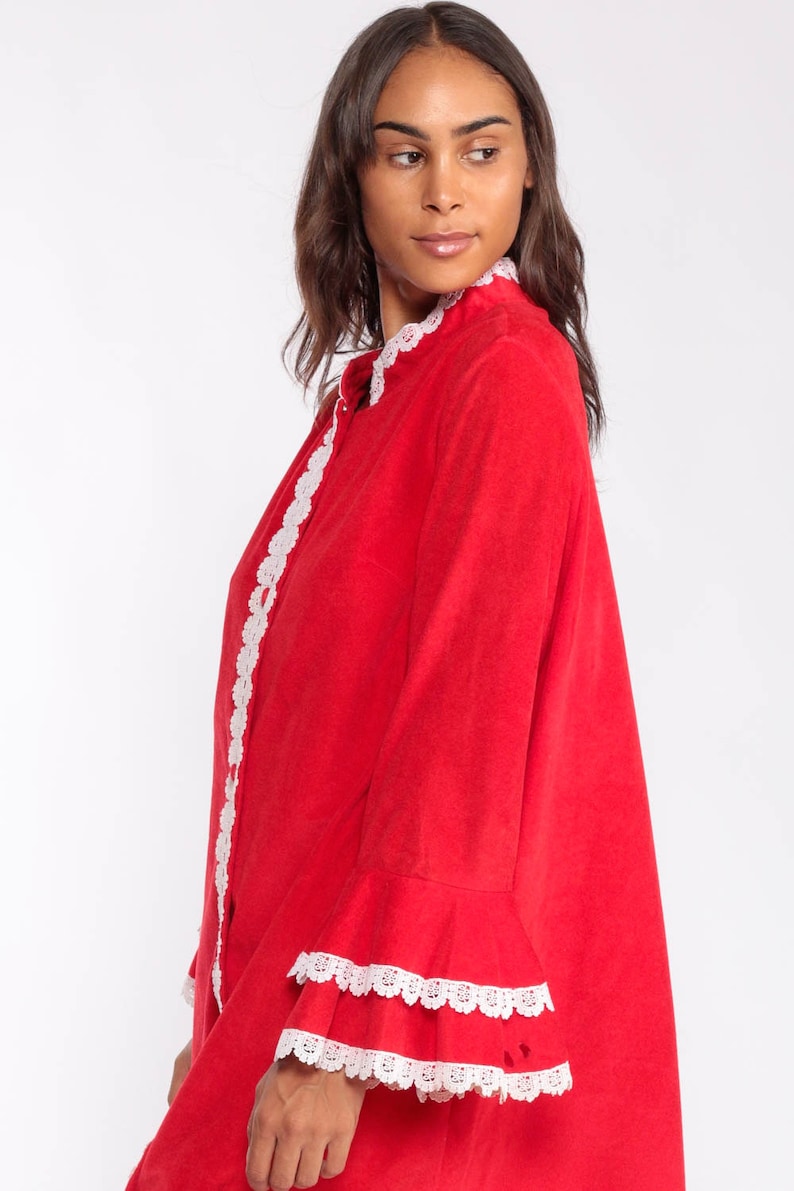 Pajama Robe Dress 70s Mini Lounge Wear Robe Red Lace Long Sleeve Loungewear Dress Tent Boho Hippie 1970s Shift Vintage Extra Large xl