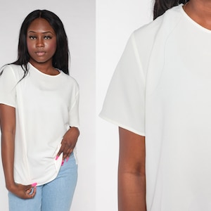 Schlichtes weißes Top 80er Jahre Kurzarm Bluse einfaches Shirt Retro Basic minimalistisch solides lässig leichtes T-Shirt Sommer Vintage 1980er Jahre Large L