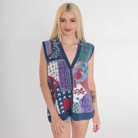 90s Sweater Vest Patchwork Floral Knit Top Bird Star Flower Alphabet Print Button up Sleeveless Shirt Vintage 1990s Cotton Ramie Large L