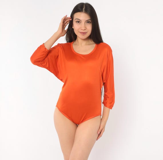 90s Orange Silk Bodysuit Ellen Tracy Three Quarter Sleeve Leotard Rust Terra Cotta Batwing Top Dolman Blouse Dance Athletic Vintage Medium M