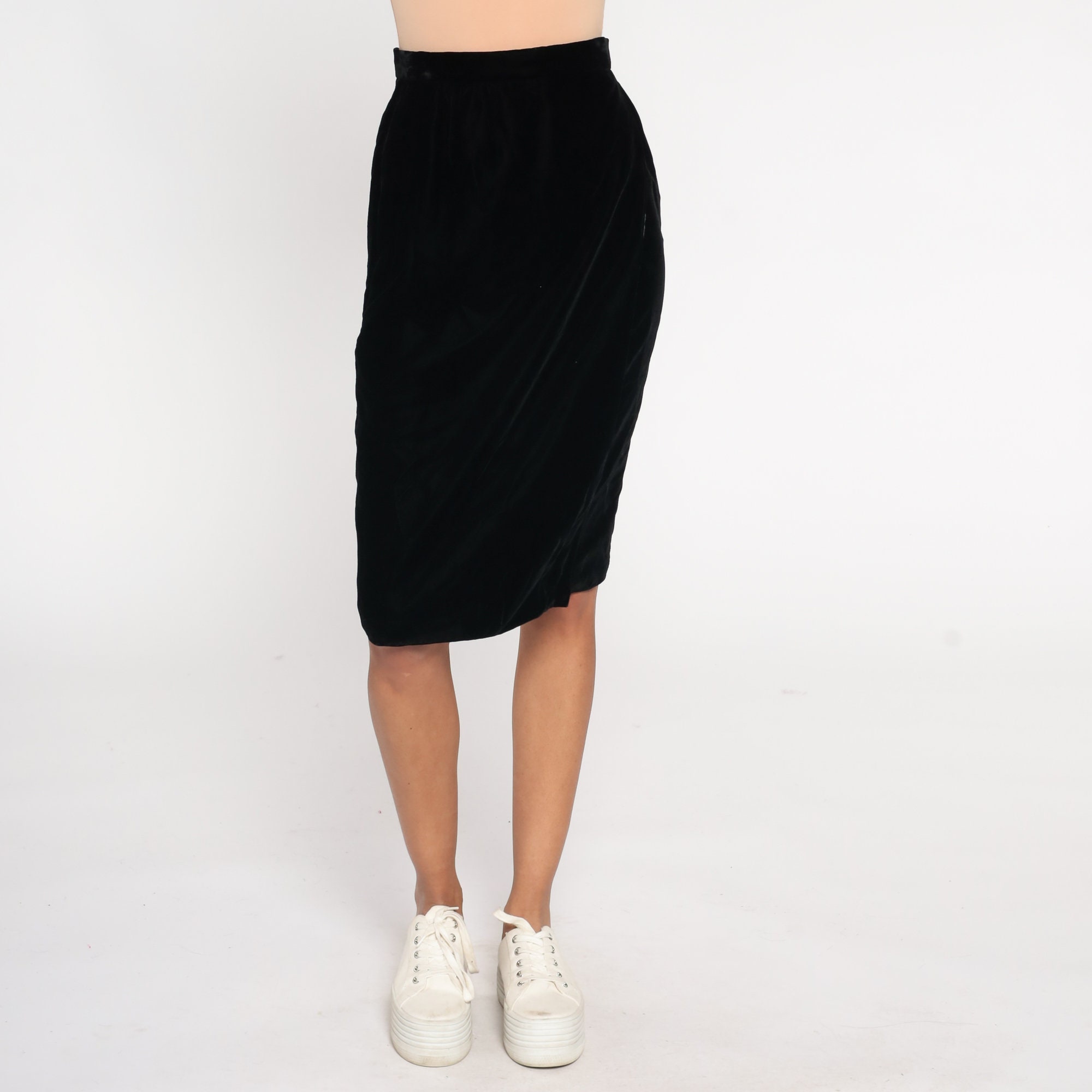 Black Velvet Skirt 90s Pencil Skirt Simple High Waisted Midi Skirt Goth Party Retro Boho Chic Gothic Basic Plain Vintage 1990s Small 26 Etsy UK