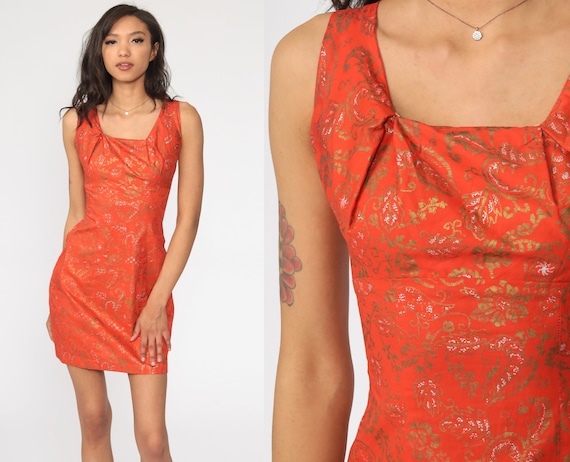 Alfred Shaheen Dress 1950s Hawaiian Dress Sheath Orange Floral Mini 50s Bombshell Vintage Hourglass Sleeveless Pinup Retro Extra Small xs 0