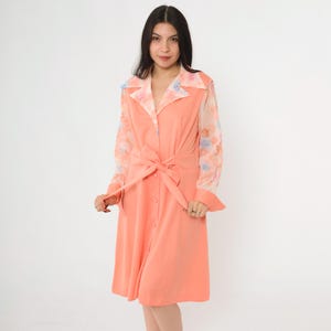 70s Mod Button Up Dress Vintage Peach Floral Sleeve Dress Collared Midi Boho Hippie Button Up High Waist Bohemian 1970s Long Sleeve Large L