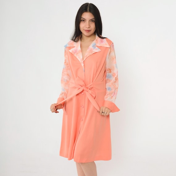 70s Mod Button Up Dress Vintage Peach Floral Sleeve Dress Collared Midi Boho Hippie Button Up High Waist Bohemian 1970s Long Sleeve Large L