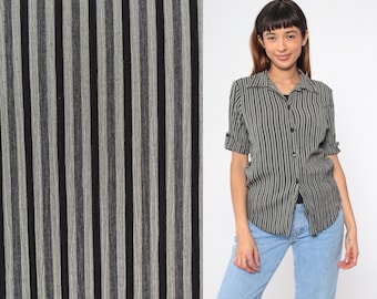 Grey Striped Top 90s Blouse Twofer Attached Undershirt Black Short Tab Sleeve Button Up Shirt Retro Collared Casual Vintage 1990s Medium