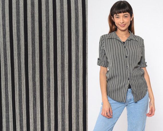 Grey Striped Top 90s Blouse Twofer Attached Undershirt Black Short Tab Sleeve Button Up Shirt Retro Collared Casual Vintage 1990s Medium