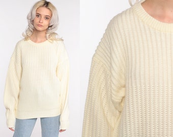 Ribbed Cream Sweater 80s Plain Sweater Knit Pullover Retro 1980s Vintage Warm Fall Sweater Acrylic Medium Large