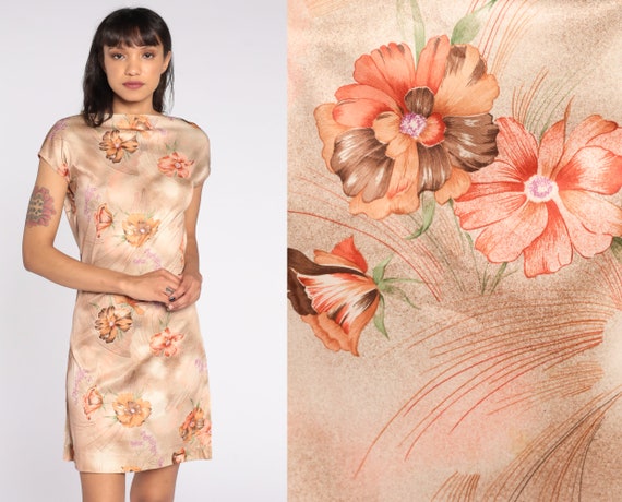 70s Boho Dress Brown Floral Sheath Mod Mini Hippie Bohemian Vintage 1970s Cap Sleeve Summer Boho Minidress Small xs s