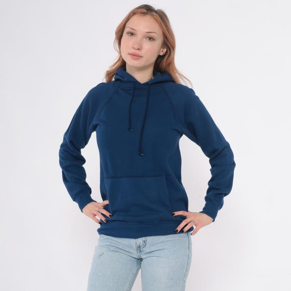 80s Blue Hoodie Pullover Sweatshirt Drawstring Hood Kangaroo Pocket Cotton Athletic Casual Vintage Sportswear Cozy Winter Long Sleeve Small