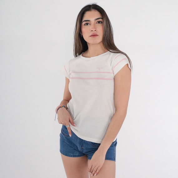 80s Spalding Shirt White Pink Striped T-Shirt Cap Sleeve TShirt Retro Basketball Sports Top Sportswear Single Stitch Vintage 1980s Small S