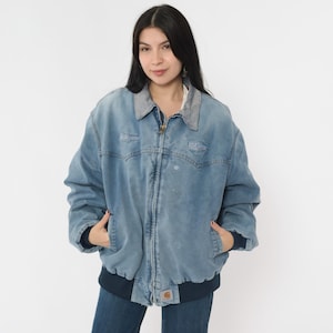 Vintage Carhartt Bomber Jacket 90s Blue Workwear Corduroy Collar Bluewater Services Uniform Streetwear Utility Wear Oversize Men's Large L
