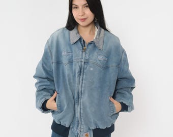 Vintage Carhartt Bomber Jacket 90s Blue Workwear Corduroy Collar Bluewater Services Uniform Streetwear Utility Wear Oversize Men's Large L