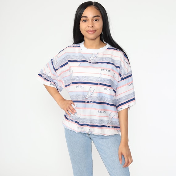 Bateau Boat Shirt Sailboat Shirt Striped Sailor Top White Boat Nautical TShirt 80s Tee Vintage 1980s Boat Retro Tshirt Graphic Medium Large
