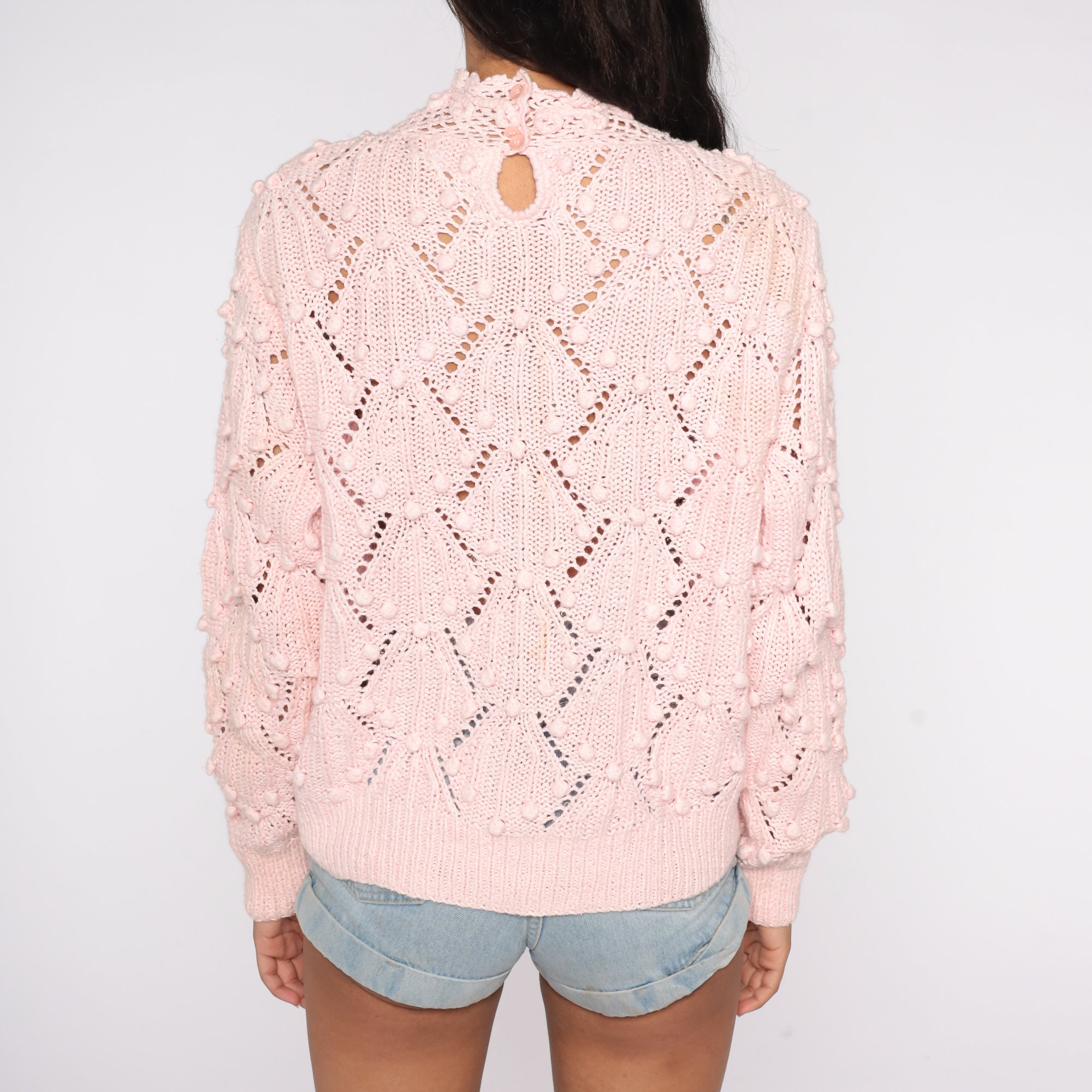 Sheer Baby Pink Sweater 90s Open Knit Crochet Mock Neck Sweater Nubby