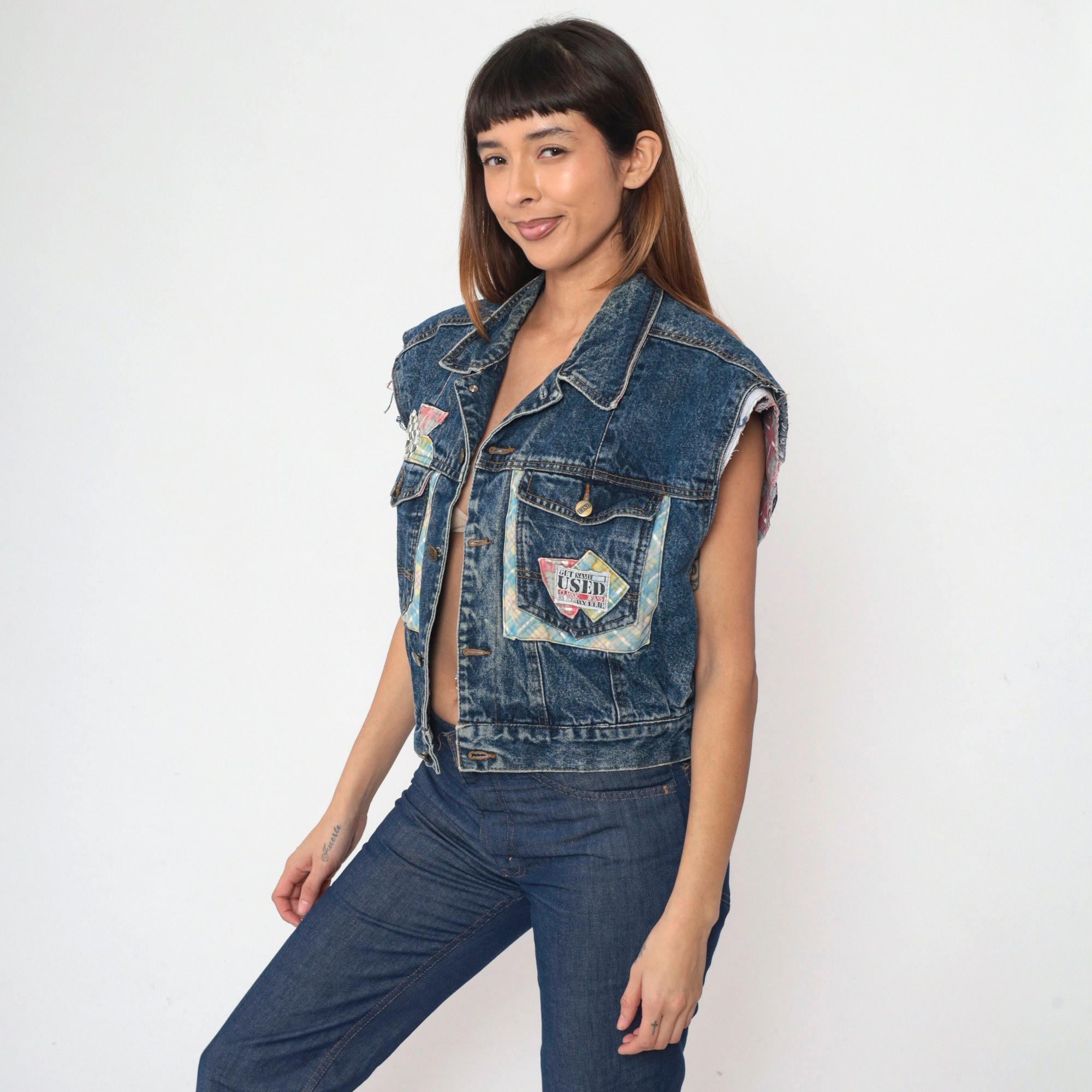 90s Denim Vest Plaid Patchwork Cutoff Jean Jacket 80s 90s Denim Vest Plaid Patchwork Cutoff Jean Jacket 80s
