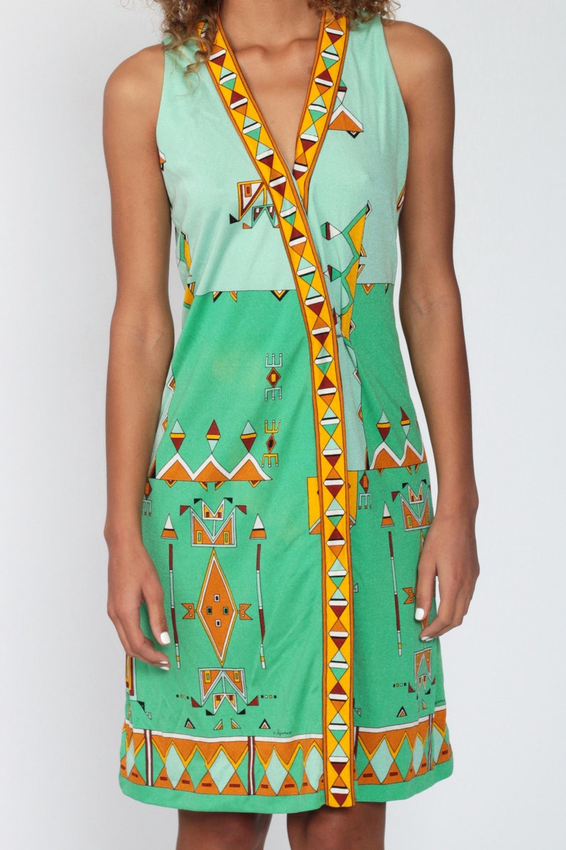 70s Mod Mini Dress Green PAGANNE Dress Tribal Geometric Print V Neck Dress 70s Vintage Minidress Boho Hippie Sleeveless Bohemian Small