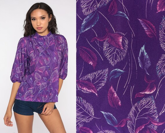 70s Button Up Shirt Leaf Print Blouse Purple Shirt Mandarin Collar Top Graphic Boho 1970s Top 3/4 Sleeve Vintage Retro Bohemian Small S