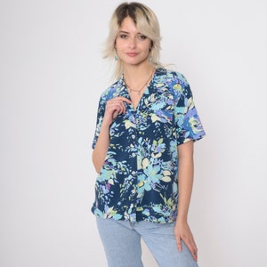 90s Floral Blouse Dark Blue Short Sleeve Shirt Purple Button Up Top Abstract Flower Print Bohemian Vintage Collared Medium