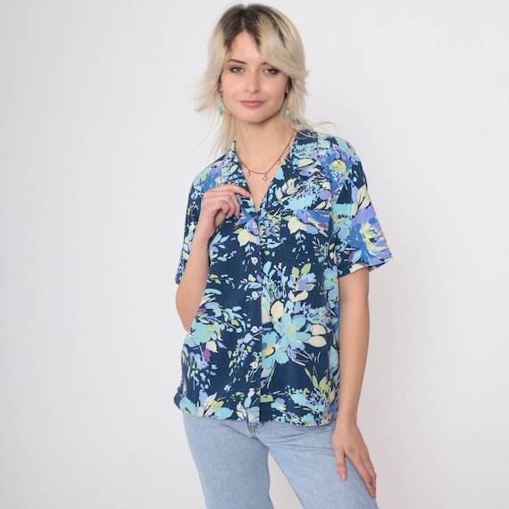 90s Floral Blouse Dark Blue Short Sleeve Shirt Purple Button Up Top Abstract Flower Print Bohemian Vintage Collared Medium