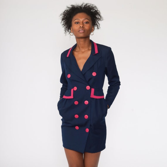 80s Jacket Dress Navy Blue Hot Pink Mini Vintage … - image 4