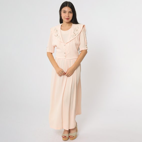 Rose Embroidered Dress Cottagecore Maxi 90s Blush Pink Romantic Prairie Style Vintage Puff Sleeves Dreamy Feminine Floral Midi Large L 12