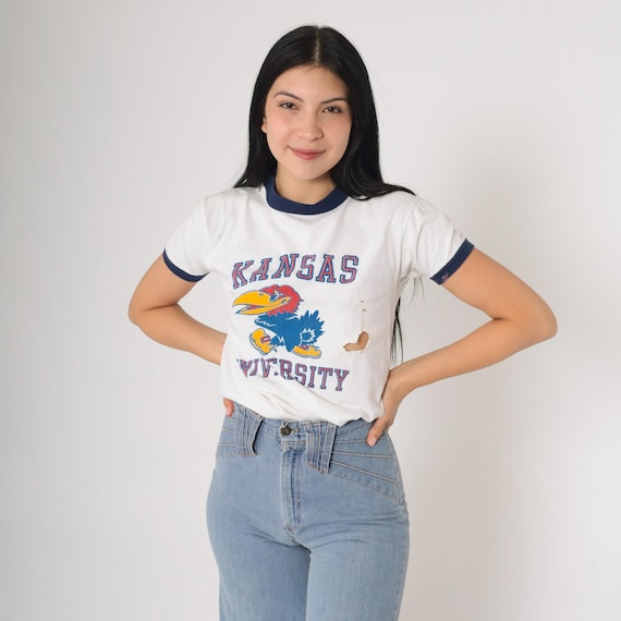 80s University of Kansas Shirt Jayhawks Graphic Ringer Tee Streetwear White Athletic Shirt Vintage 1980s Small