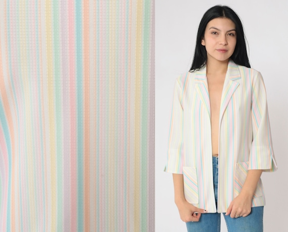 70s Rainbow Striped Jacket Pastel Rainbow Blazer Open Front Jacket Boho Top Vintage Boho Hippie Bohemian Jacket 1970s Medium