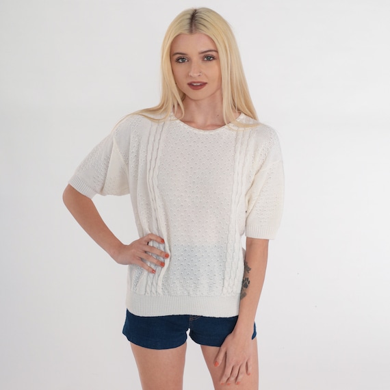 White Sweater Top 80s Cable Knit Shirt Pointelle Cutout Short Sleeve Spring Blouse Retro Cut Out Hippie Acrylic Vintage 1980s Small Medium