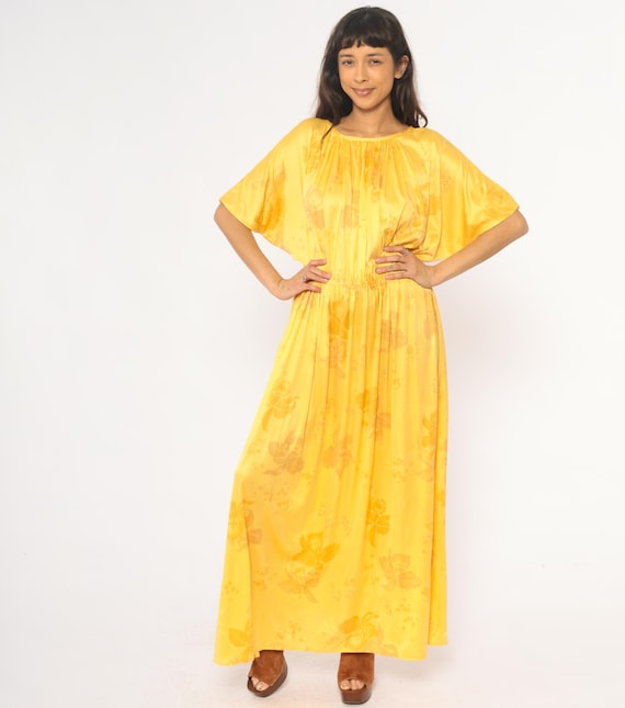 70s Yellow Grecian Dress Floral Golden Flutter Sleeve Cottagecore Prairie Summer Vintage Peasant Botanical Garden Lounge Medium Large ML