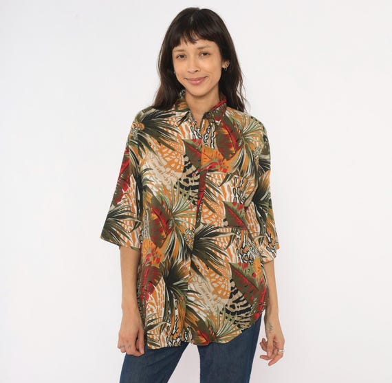 90s Hawaiian Tropical Leaf Print Shirt Blouse Mustard Olive Red Palm Relaxed Fit Collared Short Sleeve Summer Top Gold Green Vintage Large L