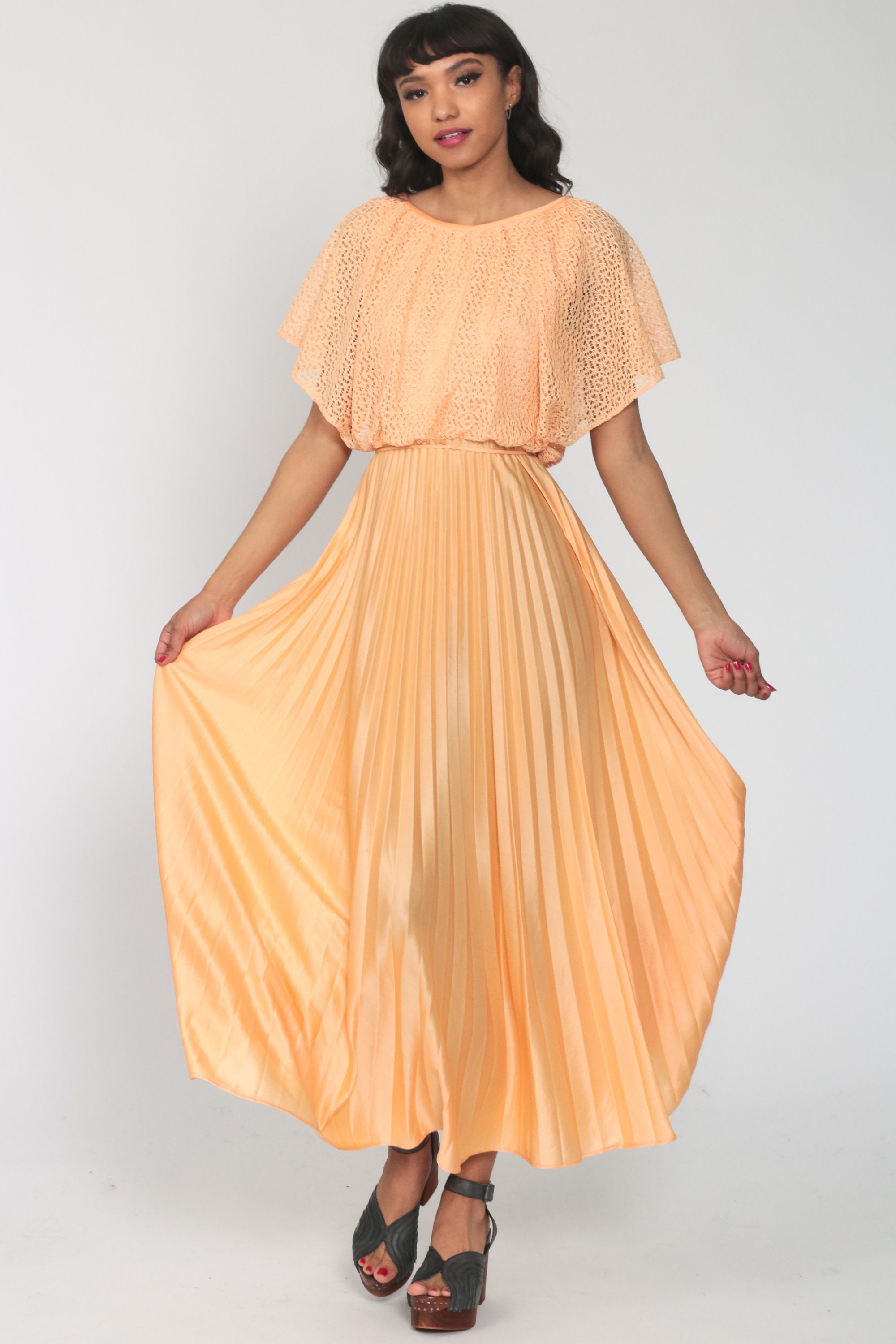 Pleated 70s Maxi Dress Orange Crochet Accordion Pleat 1970s | Etsy