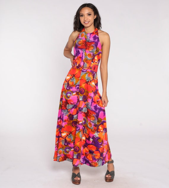 Floral Halter Dress 70s Backless Maxi Dress Psychedelic Flower Print Long Hippie High Neck Boho 1970s Open Back Vintage Sundress Small S