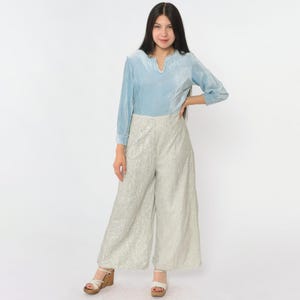 70s Metallic Velvet Jumpsuit Wide Leg Jumpsuit Light Blue Silver Party 1970s Bell Bottom V Neck 3/4 Sleeve Disco High Waisted Pant Small S