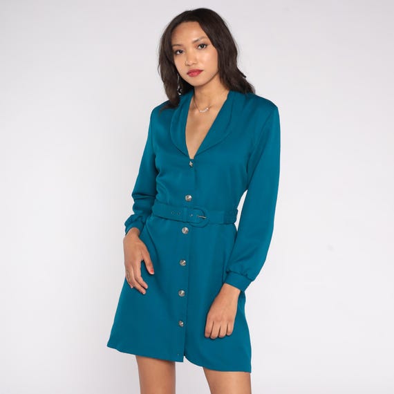 80s Teal Mini Dress Blazer Mod Button Front Belted Shawl Collar Deep V Neck Corporate Chic Business Casual Office Siren Petite Small S 8