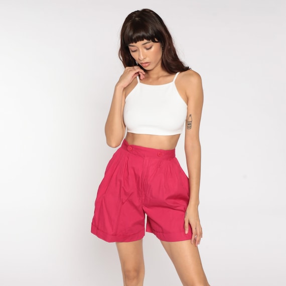 Deep Pink Pleated Shorts 80s High Waisted Shorts Mom Cotton PLEATED Trouser Shorts Colored 1980s High Waist Rise Vintage Small S
