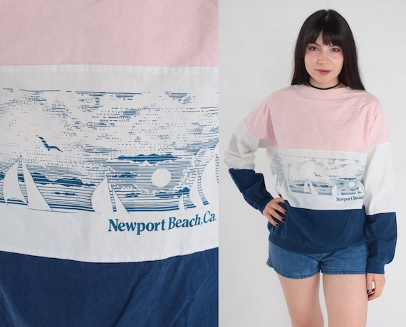 Newport Beach Sweatshirt 80s Sailboat Sweatshirt Pink White Blue Striped Sweater Nautical Graphic Raglan Sleeve Vintage 1980s Cotton Medium