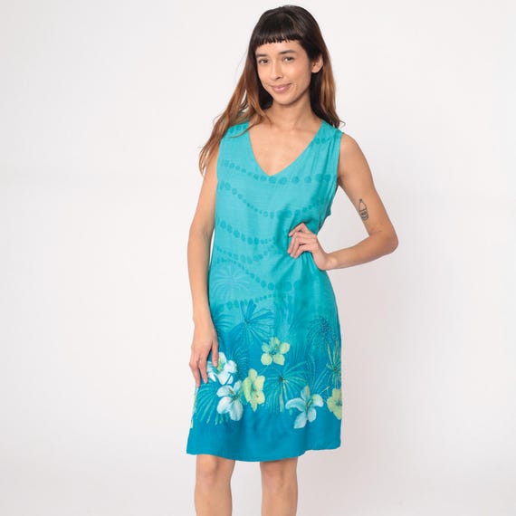 Y2K Hawaiian Dress Blue Tropical Print Hibiscus Flowers Palm Sleeveless Knee Length Turquoise Aqua Resort Vacation Beach Summer Large L